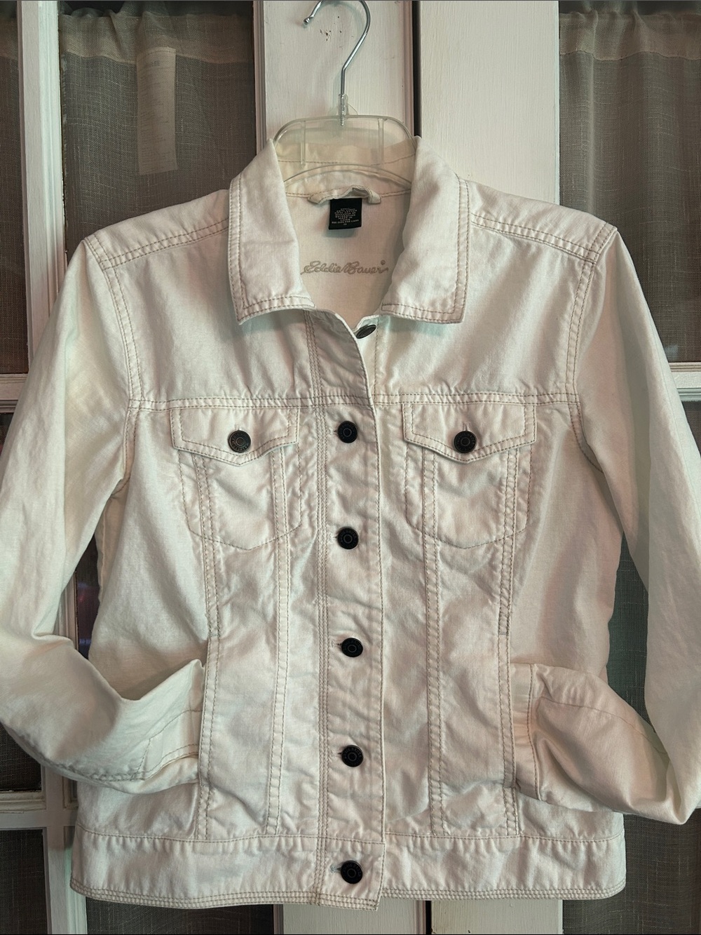 Eddie Bauer White Jacket Cotton/Linen Blend Cropped Button Front SZ S